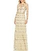 Color:Taupe Multi - Image 1 - Polka Dot Print Illusion Crew Neck Long Mesh Sleeve Tiered Ruffled Gown