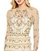 Color:Taupe Multi - Image 3 - Polka Dot Print Illusion Crew Neck Long Mesh Sleeve Tiered Ruffled Gown