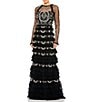 Color:Black Multi - Image 1 - Polka Dot Print Illusion Crew Neck Long Mesh Sleeve Tiered Ruffled Gown