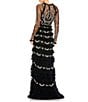 Color:Black Multi - Image 2 - Polka Dot Print Illusion Crew Neck Long Mesh Sleeve Tiered Ruffled Gown