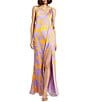 Color:Orchid Multi - Image 1 - Printed Charmeuse Abstract Print One-Shoulder Sleeveless Gown