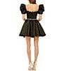 Color:Black - Image 2 - Puff Sleeve Rhinestone Trimmed Fit & Flare Mini Dress