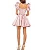 Color:Blush - Image 2 - Puff Sleeve Rhinestone Trimmed Fit & Flare Mini Dress
