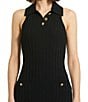 Color:Black - Image 3 - Ribbed Knit Point Collar Sleeveless Decorative Button Midi Sheath Dress
