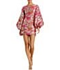 Mac Duggal Round Neck Long Bishop Sleeves Floral Brocade Sheath Dress, Color:Pink Multi - Image 1