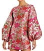 Mac Duggal Round Neck Long Bishop Sleeves Floral Brocade Sheath Dress, Color:Pink Multi - Image 3