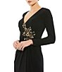 Color:Black - Image 3 - Ruched Rhinestone Applique V-Neck Long Sleeve Gown