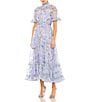 Mac Duggal Ruffle Mock Neck Short Flutter Sleeves Floral Printed Chiffon Flounce Hem A-Line Midi Dress, Color:Lilac Multi - Image 1