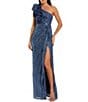 Mac Duggal Ruffle One Shoulder Sequin High Slit A-Line Gown, Color:Ocean - Image 1