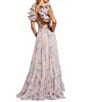 Mac Duggal Ruffle Shoulder Lace Up Back Sweetheart Neckline Shirred Bodice Tiered Floral Chiffon A-Line Gown, Color:Violet Multi - Image 2