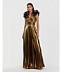 Mac Duggal Ruffle Shoulder Metallic Gown, Color:Antique Gold - Image 4
