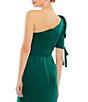 Color:Empress Green - Image 4 - Satin Asymmetrical One Shoulder Tie Short Puff Sleeve Sheath Gown