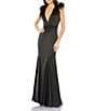 Mac Duggal Satin Charmeuse Feather Shoulder Sleeveless V-Neck Column Gown, Color:Black - Image 1
