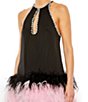 Color:Black - Image 3 - Satin Halter Neckline with Keyhole Mini Dress with Feather Hem