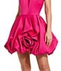 Mac Duggal Satin Mock Neck Sleeveless Ruched Rosette Bubble Hem Mini Dress, Color:Fuchsia - Image 3