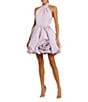 Mac Duggal Satin Mock Neck Sleeveless Ruched Rosette Bubble Hem Mini Dress, Color:Rose - Image 1