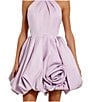 Mac Duggal Satin Mock Neck Sleeveless Ruched Rosette Bubble Hem Mini Dress, Color:Rose - Image 3