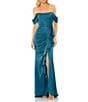 Color:Ocean - Image 1 - Satin Off The Shoulder Bustier Ruched Ruffle Gown