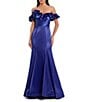 Mac Duggal Satin Off The Shoulder Ruffle 3D Flower Flutter Sleeve Pleated Mermaid Gown, Color:Cobalt - Image 1