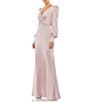 Color:Rose Pink - Image 1 - Satin Surplice V-Neck Long Bishop Sleeve Ruched A-Line Gown
