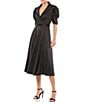 Color:Black - Image 1 - Satin Surplice V-Neck Short Puffed Sleeve A-Line Midi Dress
