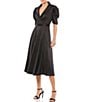 Mac Duggal Satin Surplice V-Neck Short Puffed Sleeve A-Line Midi Dress, Color:Black - Image 1