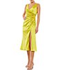 Color:Chartreuse - Image 1 - Satin Surplice V-Neck Sleeveless Thigh High Slit Ruched Faux Wrap Midi Dress