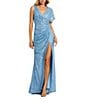 Mac Duggal Sequin Asymmetrical Drape Back V-Neck One Short Sleeve Gathered Side Gown, Color:Blue - Image 1