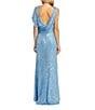 Mac Duggal Sequin Asymmetrical Drape Back V-Neck One Short Sleeve Gathered Side Gown, Color:Blue - Image 2