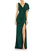 Mac Duggal Sequin Asymmetrical Drape Back V-Neck One Short Sleeve Gathered Side Gown, Color:Emerald - Image 1