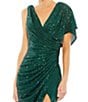 Mac Duggal Sequin Asymmetrical Drape Back V-Neck One Short Sleeve Gathered Side Gown, Color:Emerald - Image 3