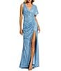 Mac Duggal Sequin Asymmetrical Drape Back V-Neck One Short Sleeve Gathered Side Gown - Image 1