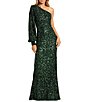 Mac Duggal Sequin Asymmetrical One Long Bishop Sleeve Sheath Gown - Image 4