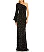 Mac Duggal Sequin Asymmetrical One Long Bishop Sleeve Sheath Gown - Image 1