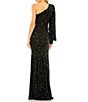 Mac Duggal Sequin Asymmetrical One Long Bishop Sleeve Sheath Gown - Image 2