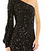 Mac Duggal Sequin Asymmetrical One Long Bishop Sleeve Sheath Gown - Image 3