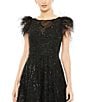 Mac Duggal Sequin Embellished Illusion Boat Neck Feather Shoulder Sleeveless Midi Dress, Color:Black - Image 3