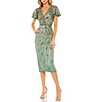 Color:Sage - Image 1 - Sequin Faux Wrap Bodice Short Flutter Sleeve Midi Sheath Dress
