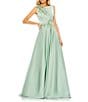 Mac Duggal Sequin Floral Applique Boat Neck Sleeveless Gathered Gown, Color:Sage - Image 1