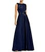 Mac Duggal Sequin Floral Applique Boat Neck Sleeveless Gathered Gown, Color:Midnight - Image 1