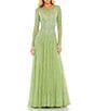 Color:Sage - Image 1 - Sequin Illusion Boat Neckline Long Sleeve Gown