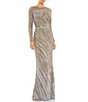 Color:Platinum - Image 1 - Sequin Long Sleeve Crew Neck Embellished Sheath Gown
