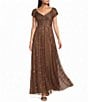 Mac Duggal Sequin Mesh V-Neck Beaded Shoulder A-Line Gown - Image 1