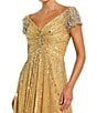 Mac Duggal Sequin Mesh V-Neck Beaded Shoulder A-Line Gown, Color:Gold - Image 3