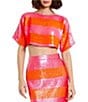Color:Hot Pink Multi - Image 1 - Sequin Striped Boat Neck Short Sleeve Coordinating Crop Top