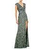 Color:Forest Green - Image 1 - Sequin V-Neck Thigh High Slit Sleeveless Sheath Gown