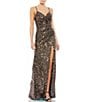 Mac Duggal Sequin V-Neck Sleeveless Faux Wrap Side Slit Gown, Color:Bronze - Image 1
