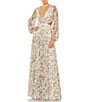 Color:White Multi - Image 1 - Sequined Floral Print V-Neck Long Puff Sleeve Side Cut-Out Gown
