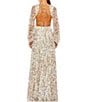 Color:White Multi - Image 2 - Sequined Floral Print V-Neck Long Puff Sleeve Side Cut-Out Gown