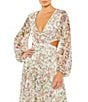 Color:White Multi - Image 3 - Sequined Floral Print V-Neck Long Puff Sleeve Side Cut-Out Gown